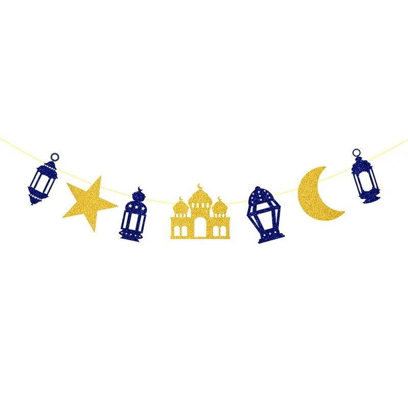 EID Mubarak Banner Glitter Star Moon Letter Paper Bunting Garland Islamic Muslim Party Ramadan Kareem Decorations for Home 2022