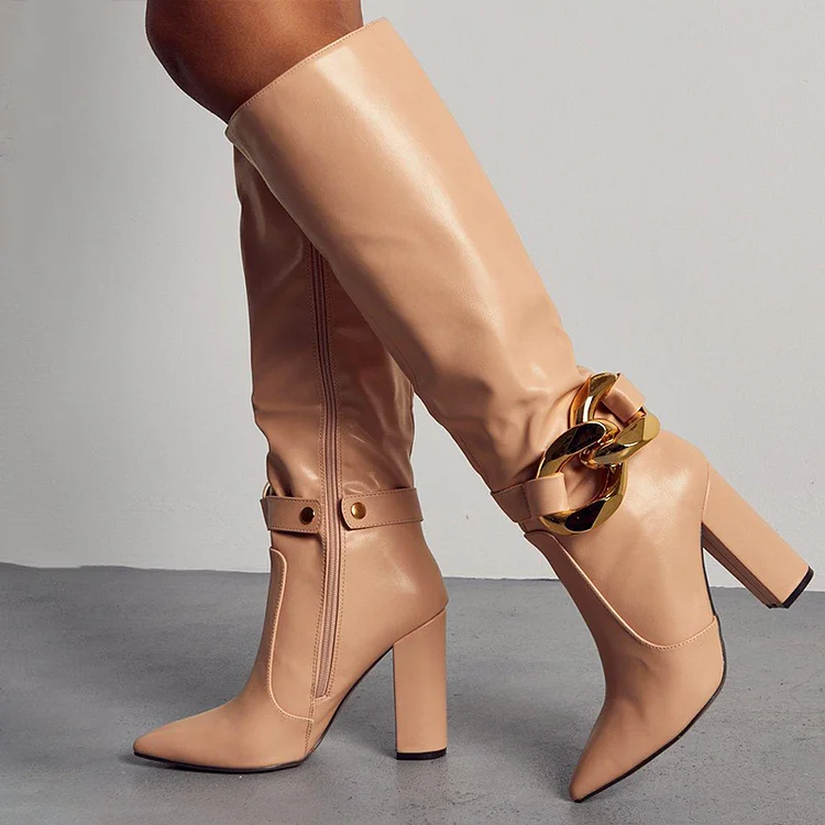 Nude Pointed Toe Chunky Heels Classic Metal Buckle Knee High Boots |FSJ Shoes