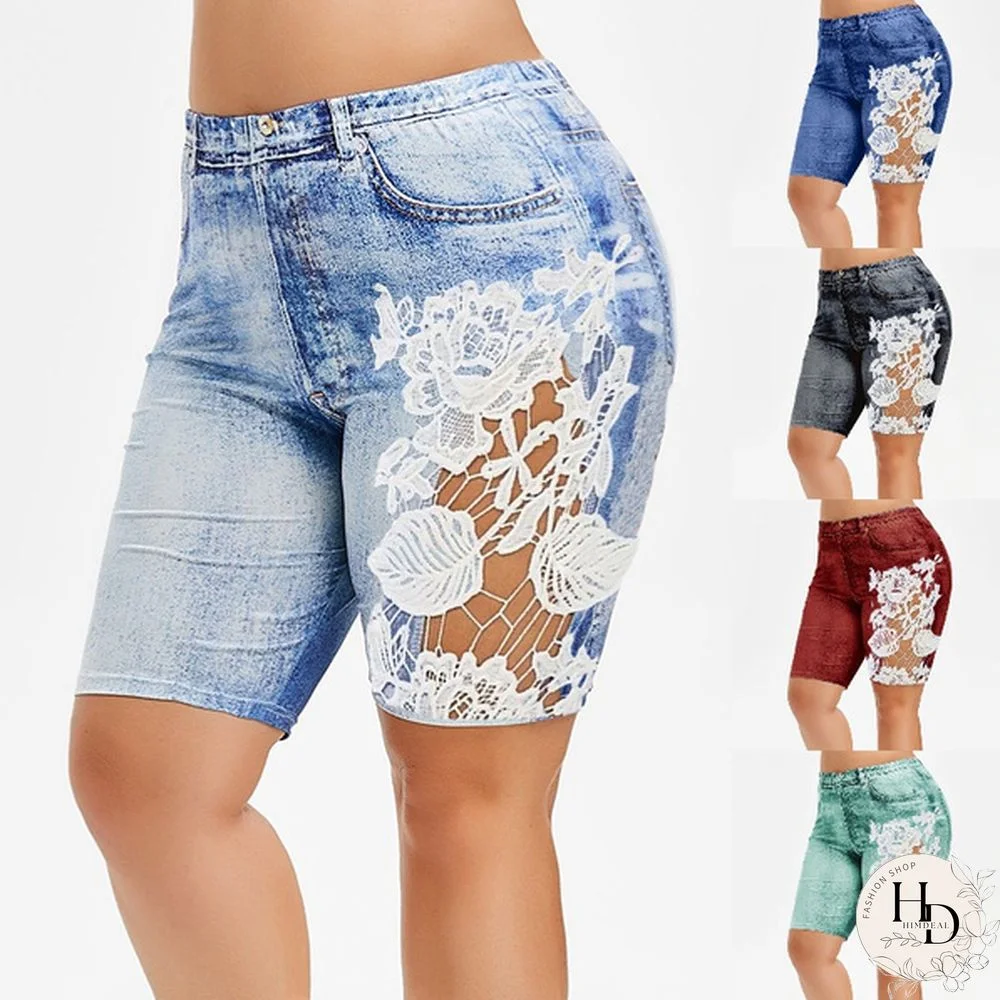 New Women's Fashion Plus Size Denim Leggings Short Summer Lace Fitted Leggings Knee Length Pants
