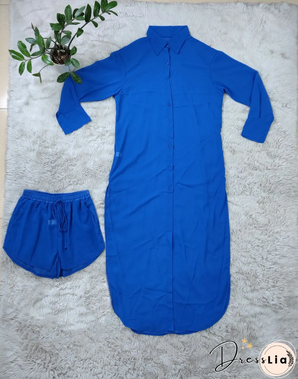 Long Sleeve Chiffon Shirt Dresses+Shorts Two Piece Set