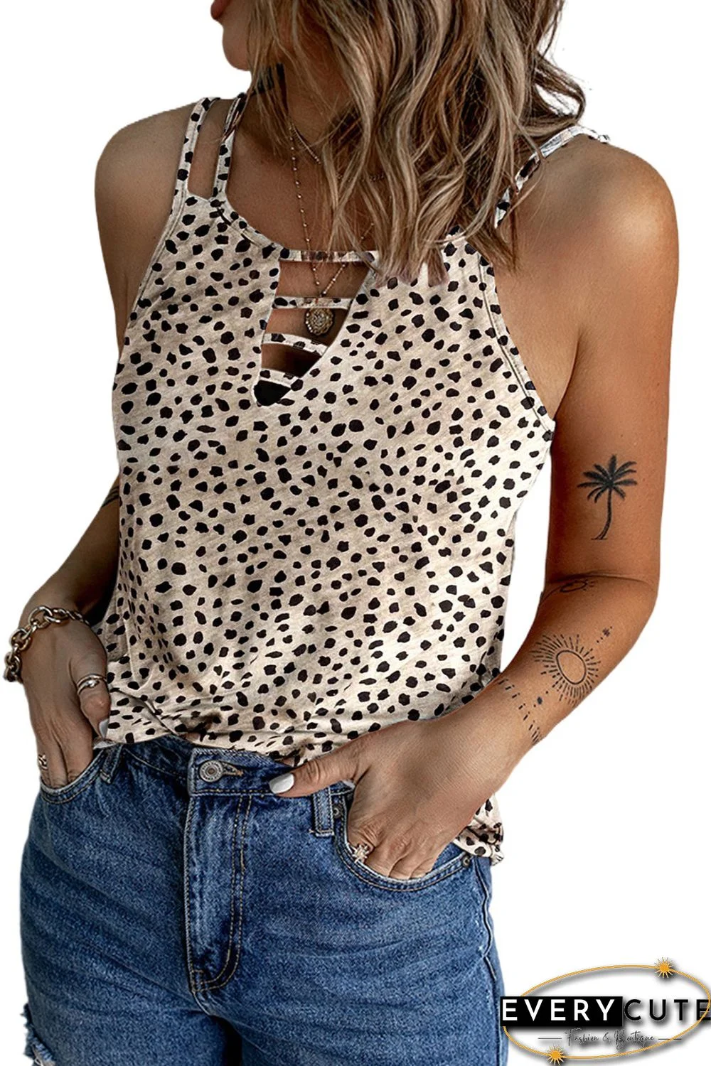 Khaki Leopard Print Ladder Keyhole Tank Top