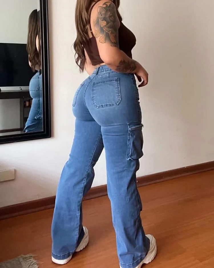 High Waist Flap Pockets Cargo Jeans