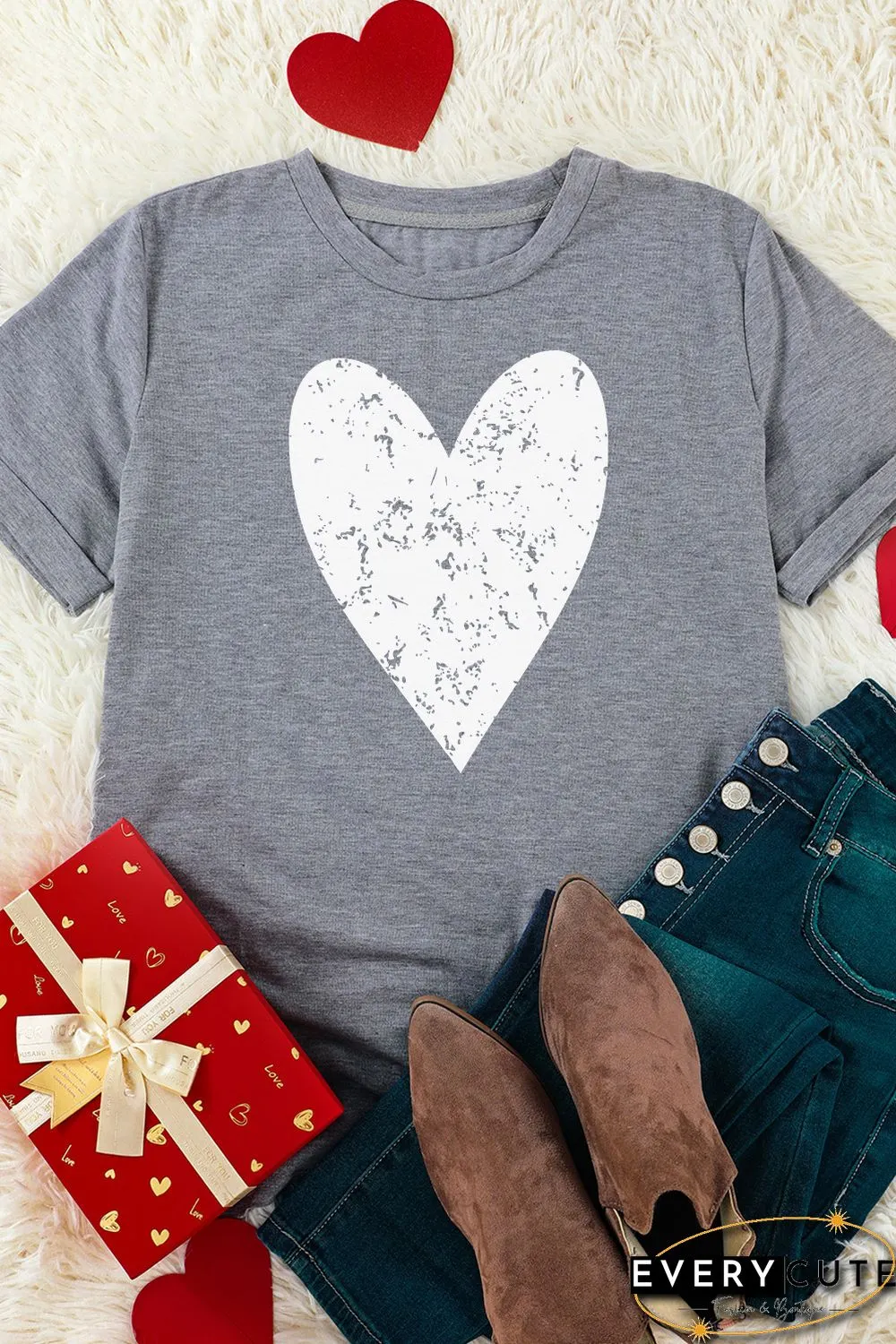 Gray Valentine's Day Large Heart Shape Print Graphic T Shirt