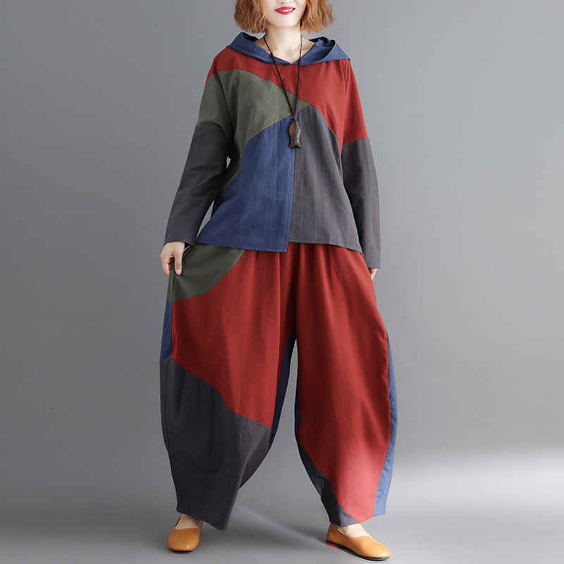 Literary Loose Splicing Hooded Top Wide-Leg Pants Suit