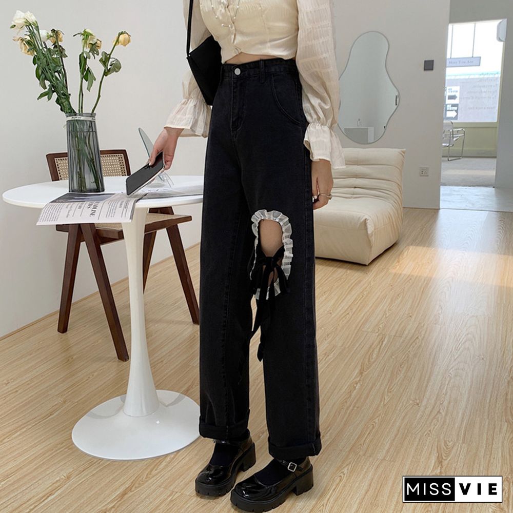 Chic Lace Up Wide Leg Denim Pants