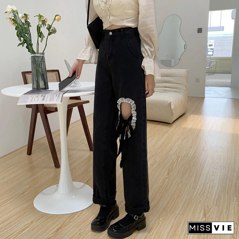 Chic Lace Up Wide Leg Denim Pants