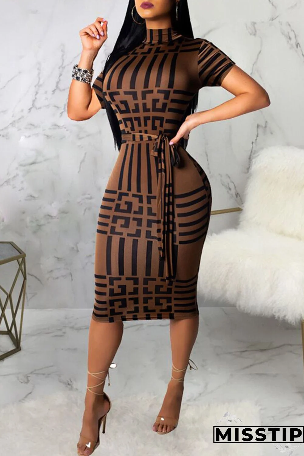 Brown Fashion Casual Print With Belt Turtleneck Short Sleeve Dress Dresses