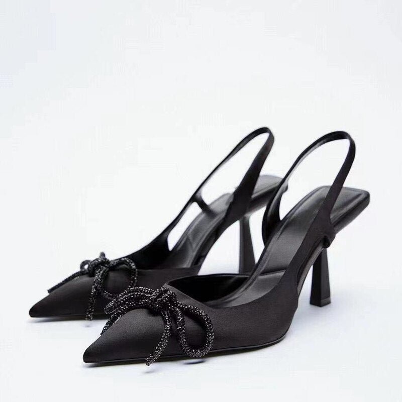  New Women's Shoes 2022 Black Bright Ribbon Bow Knot High-heeled Muller Shoes Shallow Mouth Stiletto Sandals Women