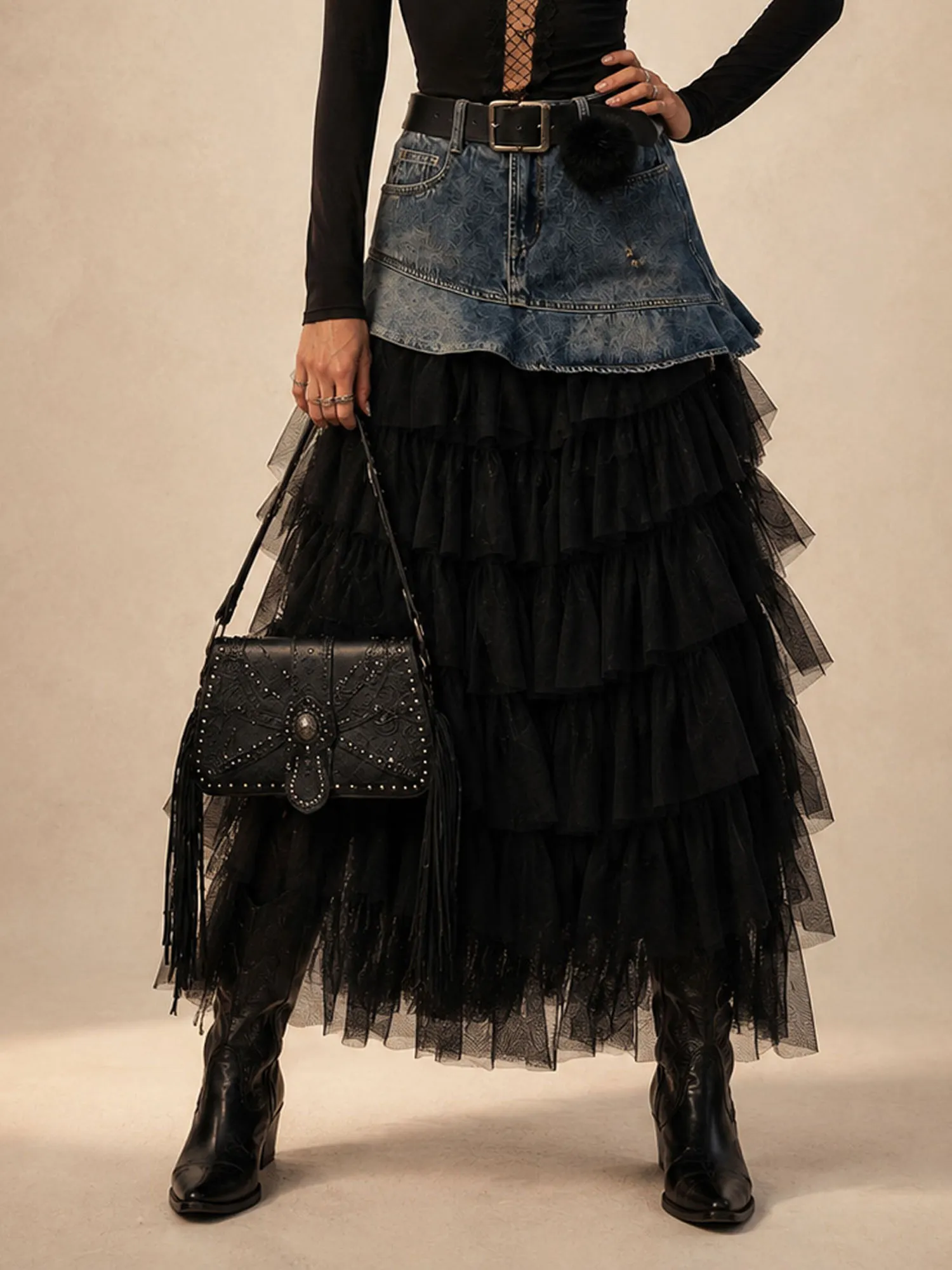 2026 Spring/Autumn Women's Western Patchwork Maxi Skirt, Denim & Tiered Tulle Design, Perfect for Festivals & Elevated Casual