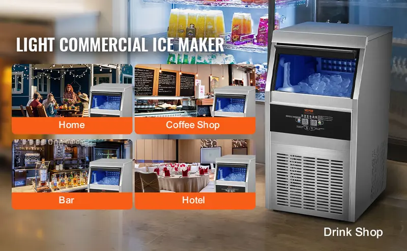 Product Introduction of VEVOR 110V Commercial Ice Maker Machine 120-130LBS/24H with 33LBS Bin. Stainless Steel Automatic Operation Under Counter Ice Machine for Home Bar. Include Water Filter. Scoop VEVOR Super Brand Day 8