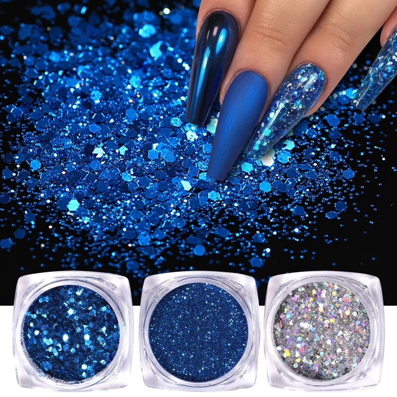 6Boxes/Set Nail Glitter Blue Grey Colorful iridescent Powder Shiny Sparkles Nail Art Sequins Pigment Flakes Dust 3D Decoration