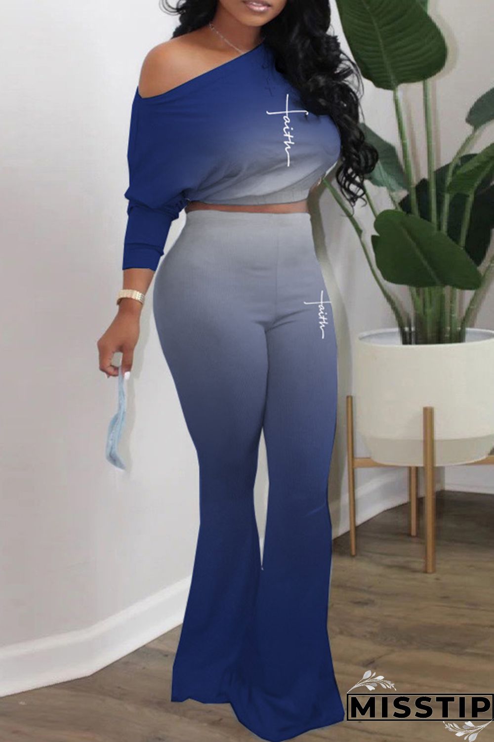 Fuchsia Casual Gradual Change Print Basic Oblique Collar Long Sleeve Two Pieces