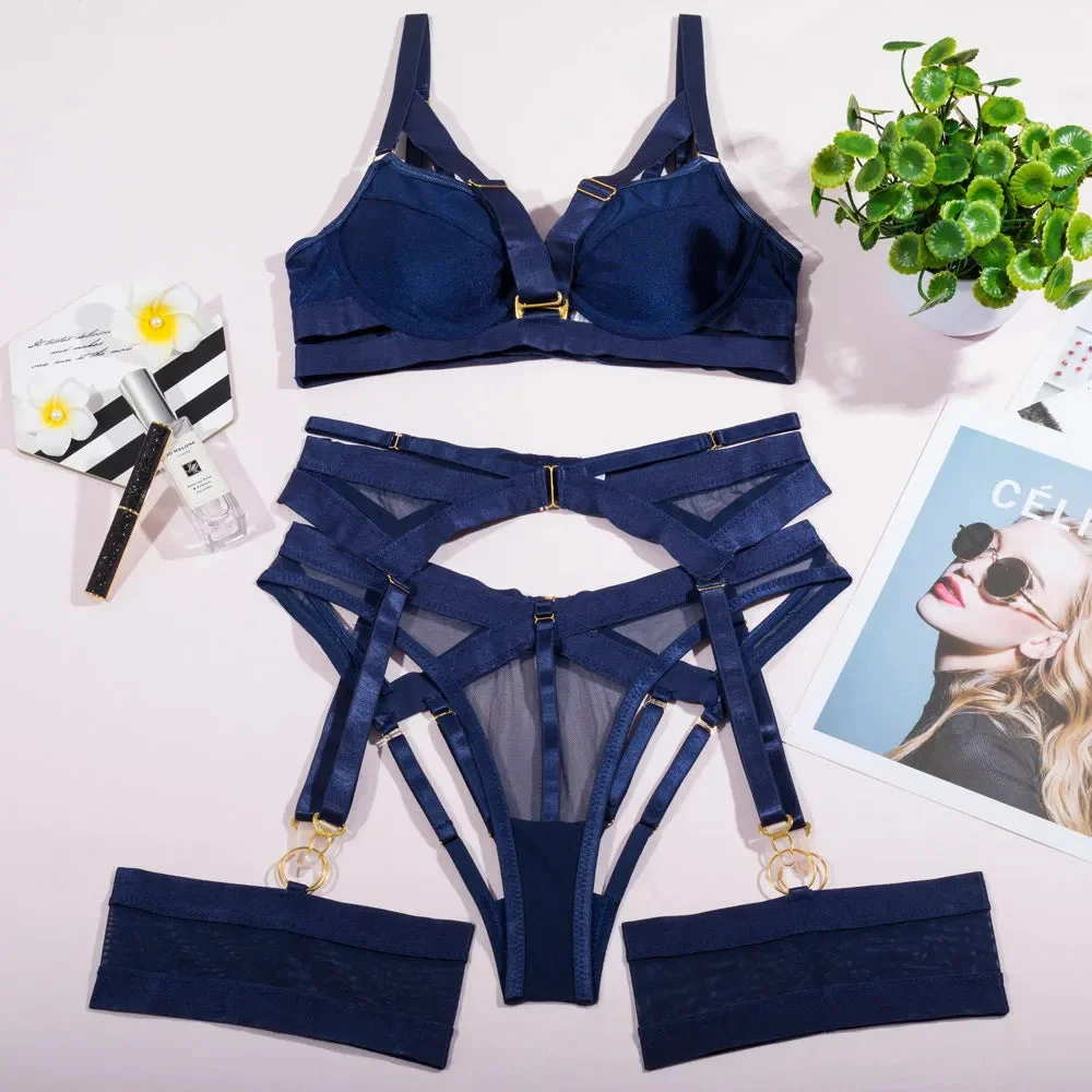 Toloer Navy Blue Strappy Lingerie Set-Outfit Ideas