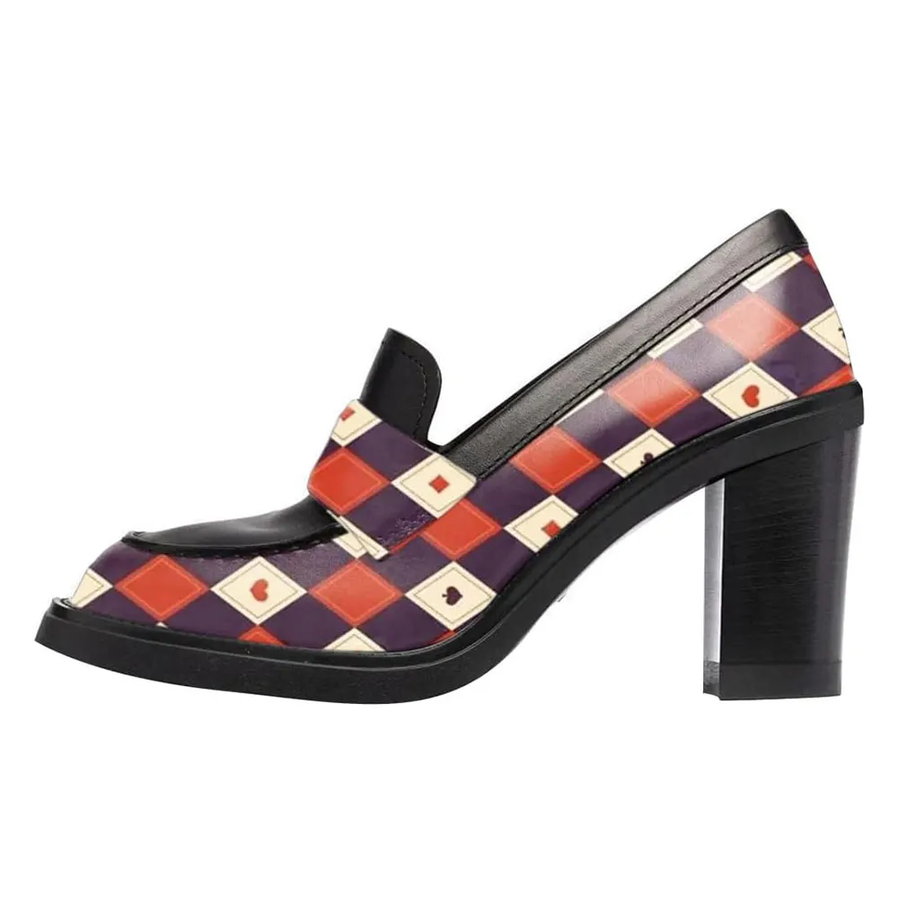 Classic Multicolor Poker Print Round Toe Block Heeled Loafers