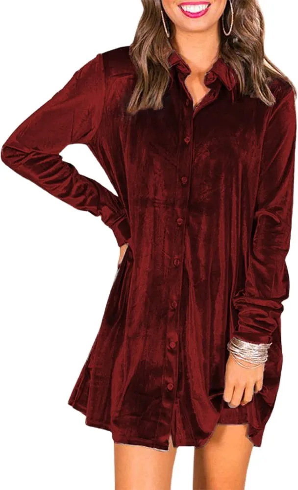 Women's Velvet Button-Down Dress with Pockets
