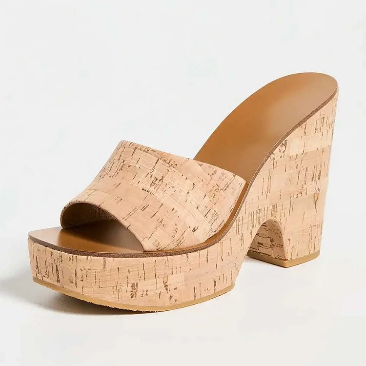 Nude Open Square Toe Platform Cork Wedge Sandals Mule Heels |FSJ Shoes