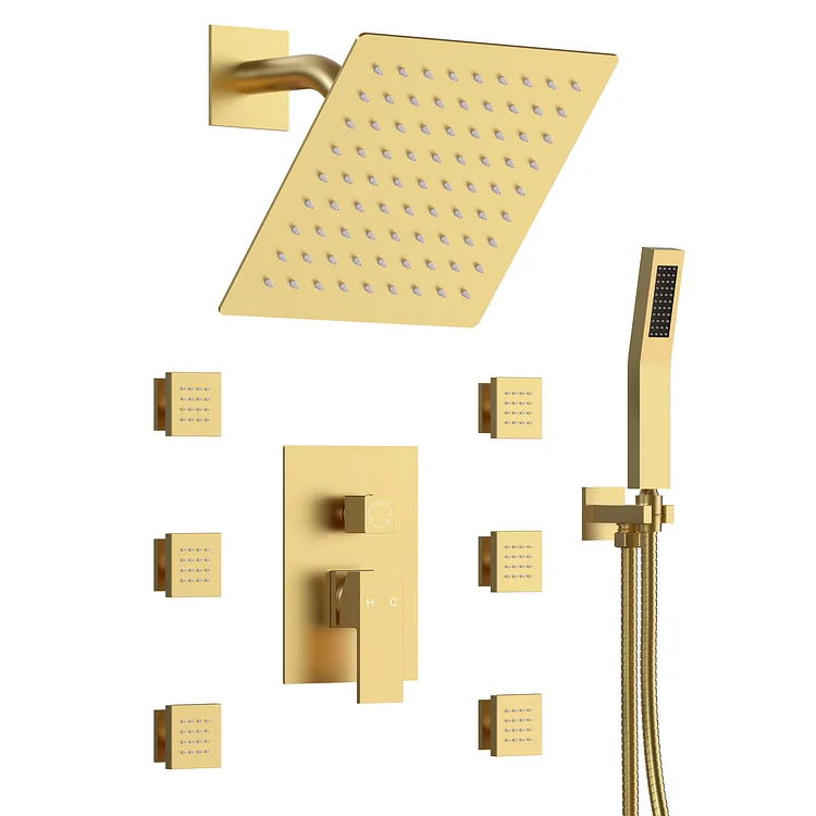 EVERSTEIN 10&ldquo; Rain Shower System with 6 Jets & Handheld in Brushed Gold