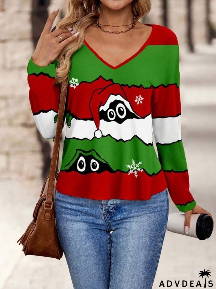 Casual Simple Christmas Element Pattern Loose V-Neck Drop Shoulder T-Shirt, Autumn/Winter