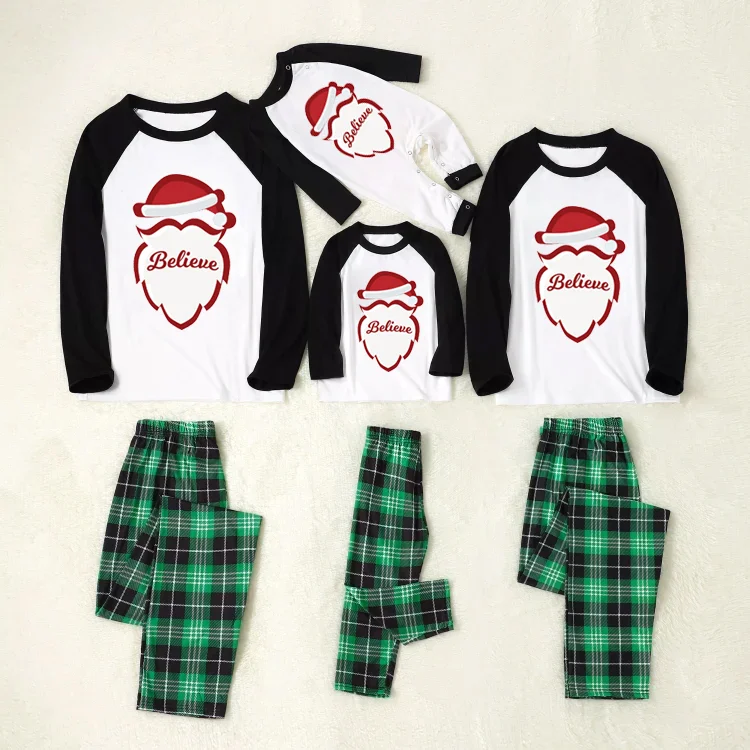 'Believe' Christmas Santa Green Plaid Family Matching Pajamas Set