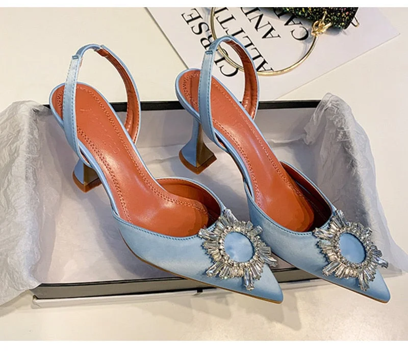 Candy colors Women Pumps Elegant Pointed toe Slingback Summer Office Lady Shoes Fashion Crystal High heel Wedding Dress shoes