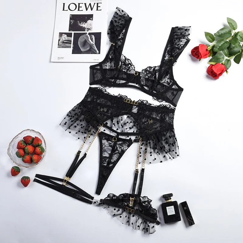 Billionm 3-Pieces Luxury Lace Lingerie Delicate Fancy Underwear Polka Dots Ruffles Transparent Sensual Exotic Sets with Garters