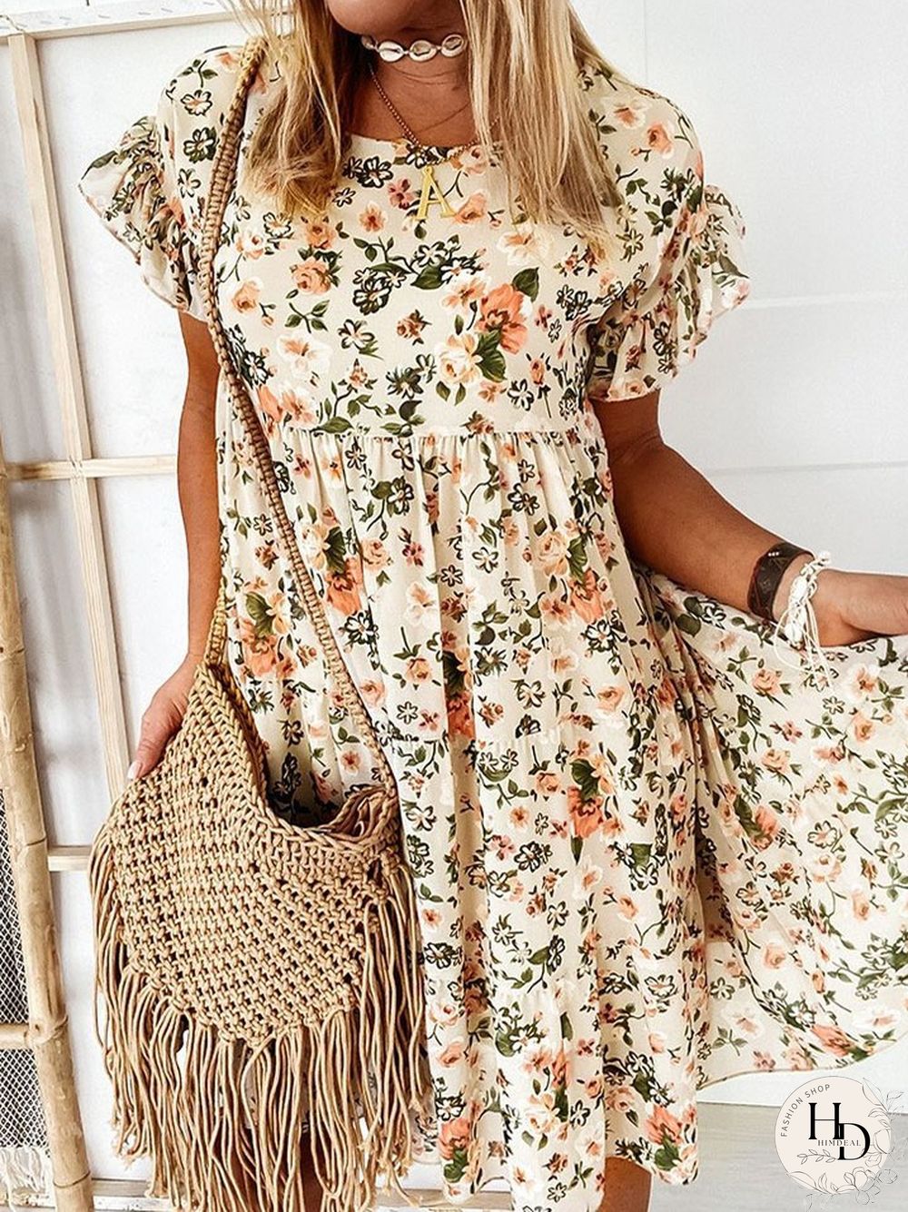 Short Sleeve Round Neck Fashion Sexy Printed Flounce Dress