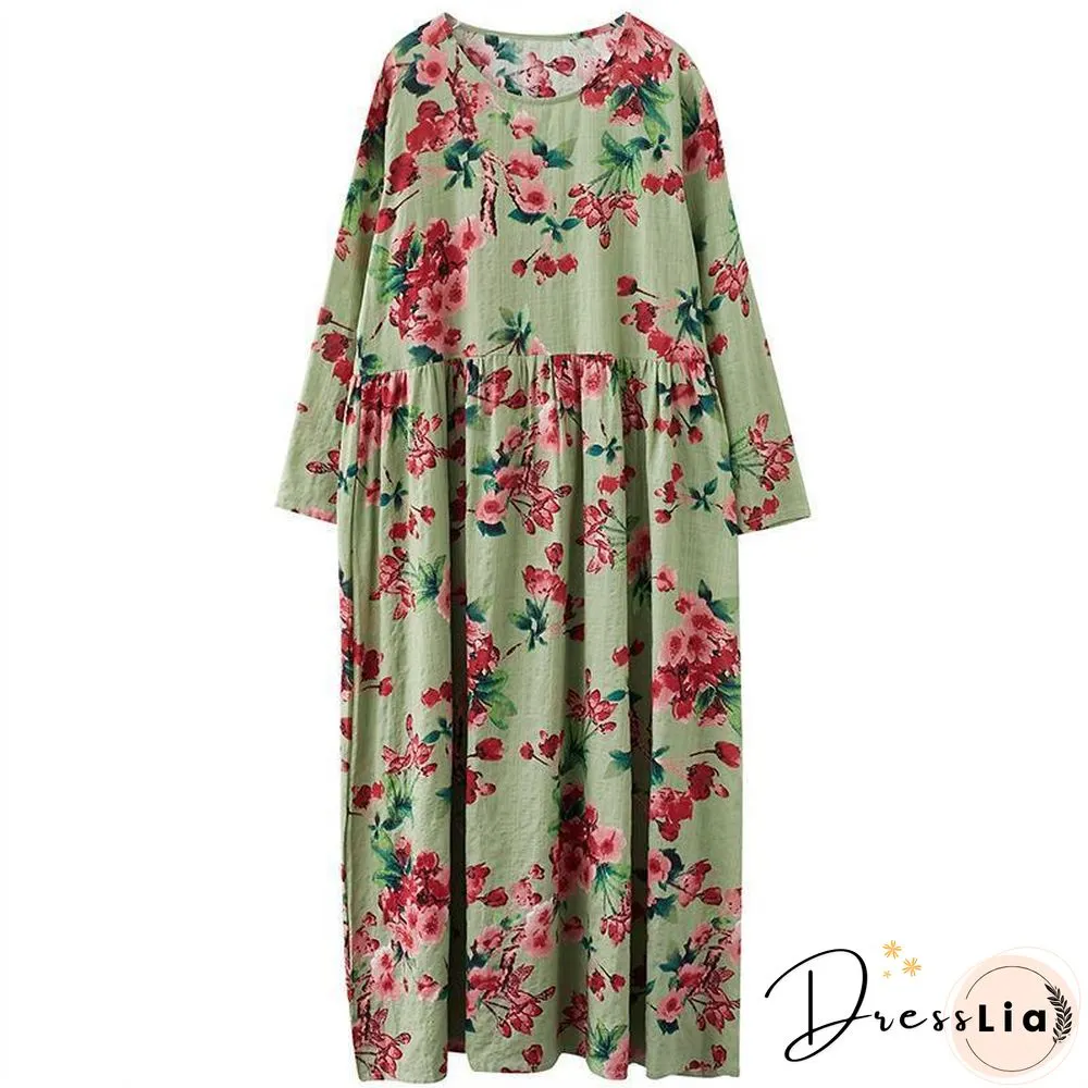 Loose Cotton Linen Printed Long Sleeve Swing Maxi Dress