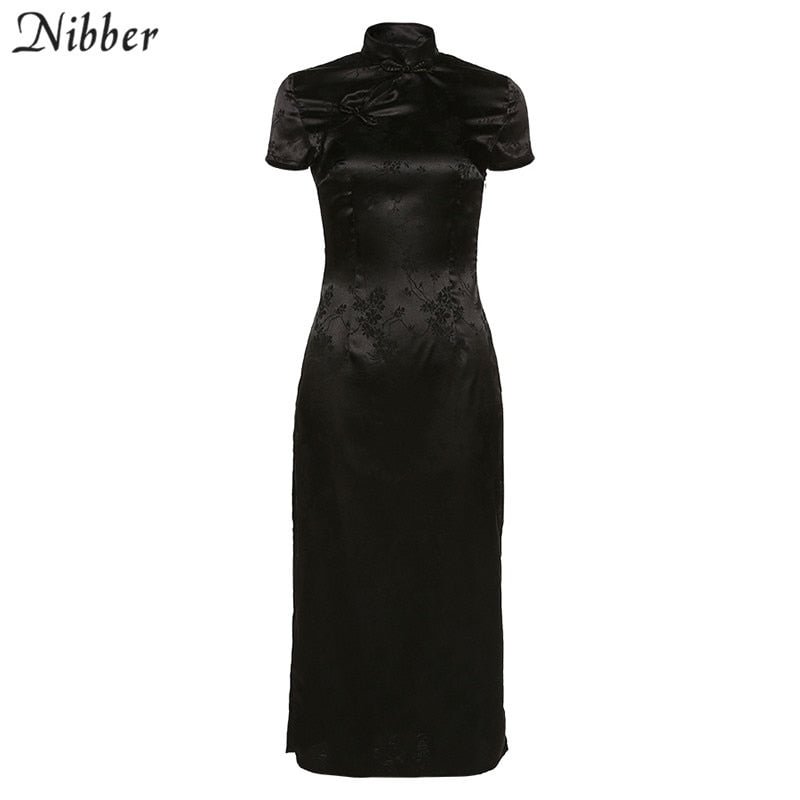 NIBBER black party long dresses women short sleeve high-neck dress chinese style new year vacation elegant sexy style 2020
