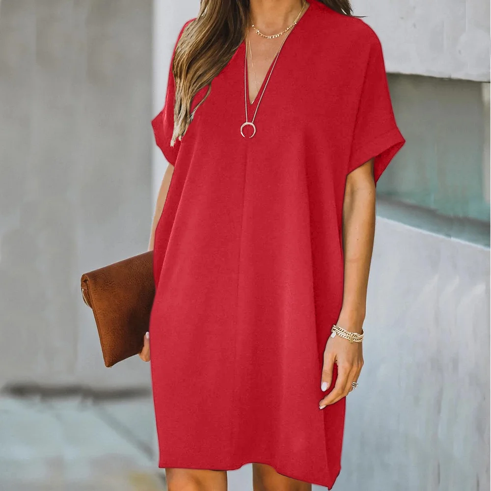 Smiledeer Summer new solid color short-sleeved V-neck loose dress