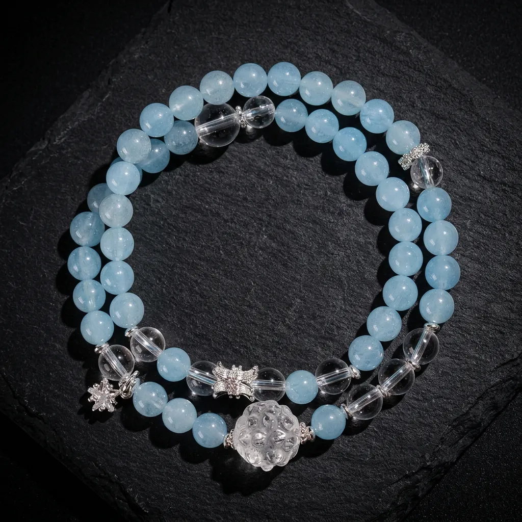 JiStones Serenity Aquamarine Multi-Loop Wrap Bracelet - Handcrafted Natural Gemstone Jewelry Ocean Azure & Rose Bloom