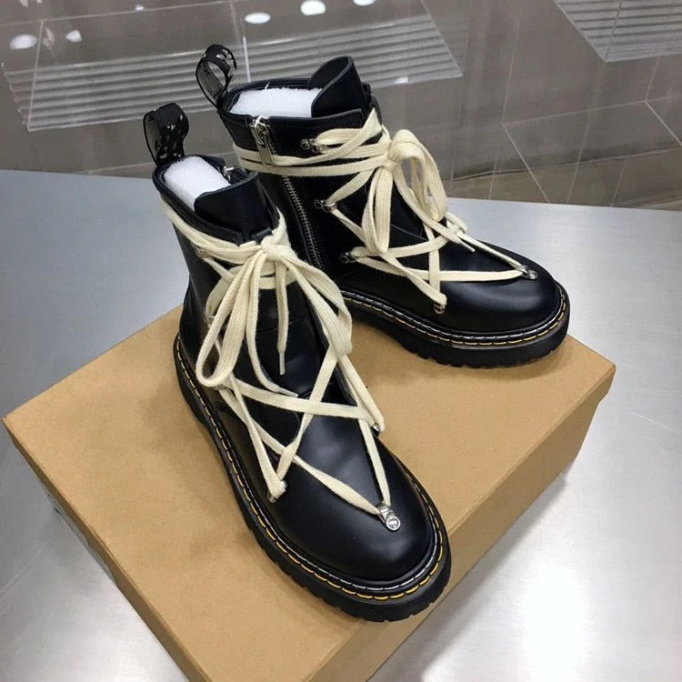 Ankle Boots for Women Chunky Platform Cross Tied Motorcycle Booties Female Winter Shoes Designer Round Toe Short Boots Ladies