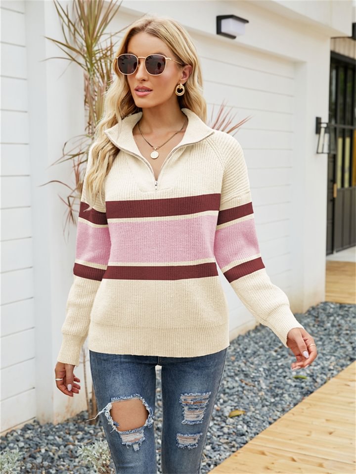 Fashion Striped Color Matching Knitted Long Sleeve Zipper Lapel Sweater | EGEMISS