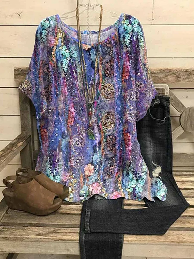 Women's Purple Floral Casual Vintage Top