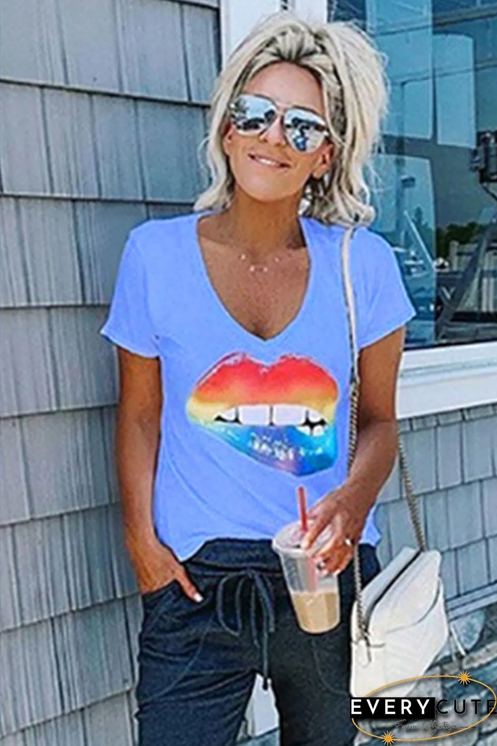 V Neck Sexy Mouth Blue T-shirt