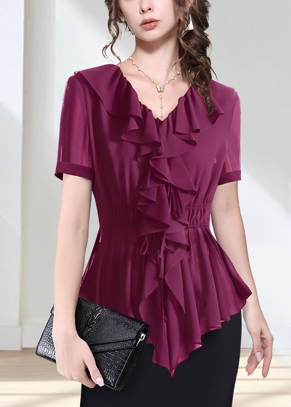 VCSHOES Rose Ruffled Tie Waist Chiffon Tops Short Sleeve