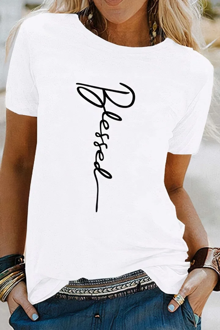 Letter Print Round Neck Short Sleeve T-Shirt