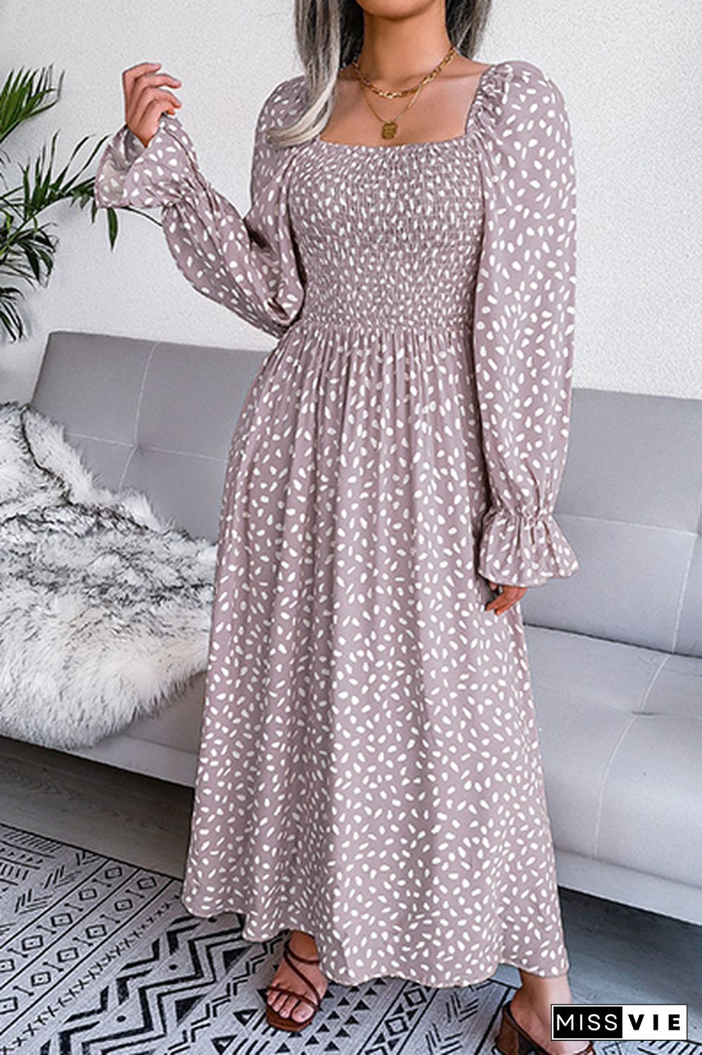 Elegant Print Flounce Fold Square Collar Dresses