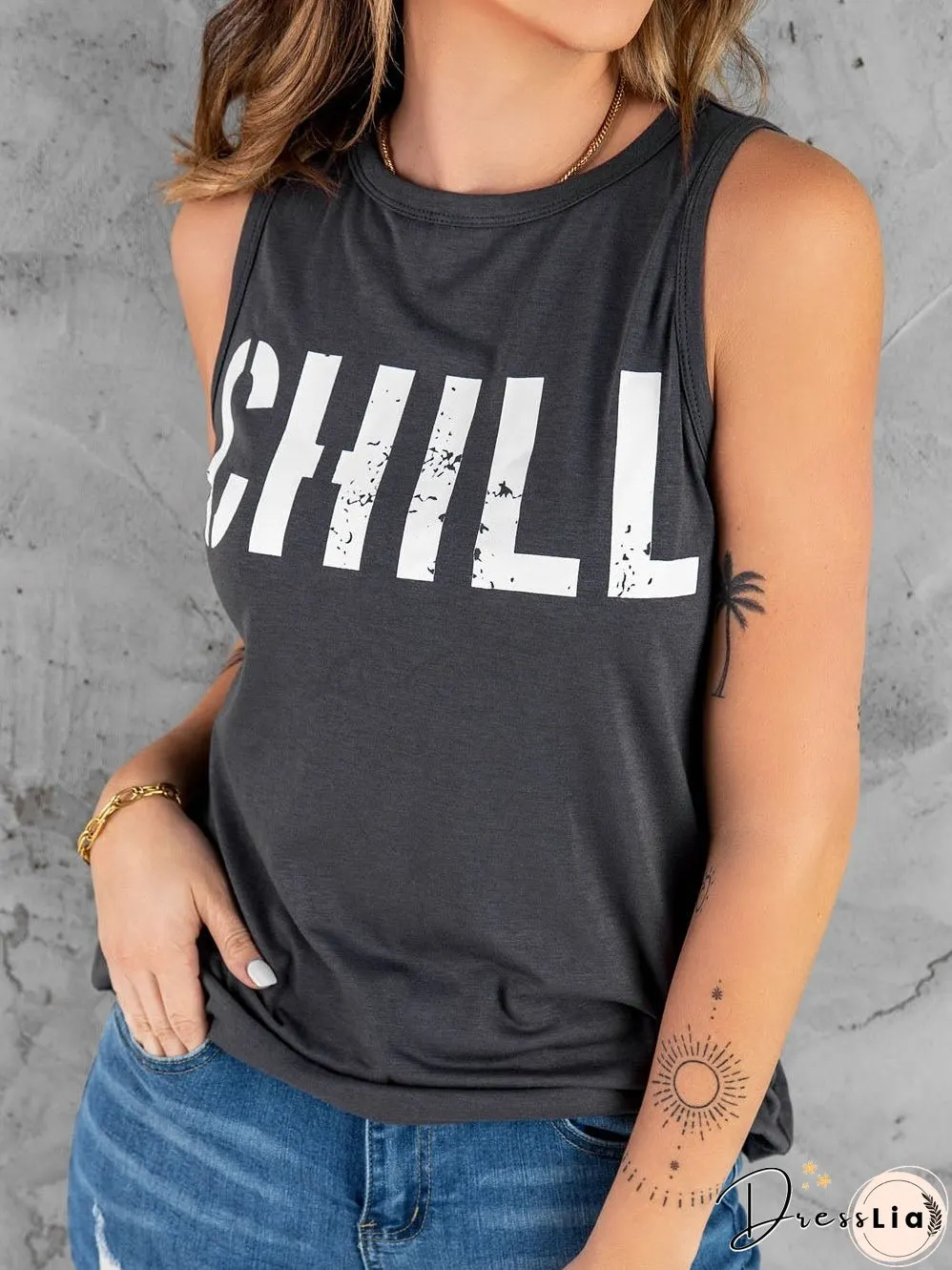 Loose Fit Women'S Slogan Printed Sleeveless Top