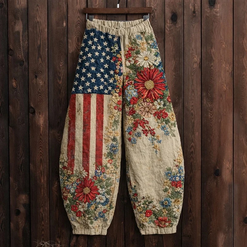 Retro Floral Flag Art Design Printed Casual Pants elevenforest