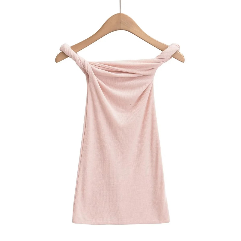 Ootddress Twist Off-Shoulder Slim T-shirt Solid Patchwork Elegant Backless Women's Top Y2k Top Pleated Casual Strapless Pullover Tee