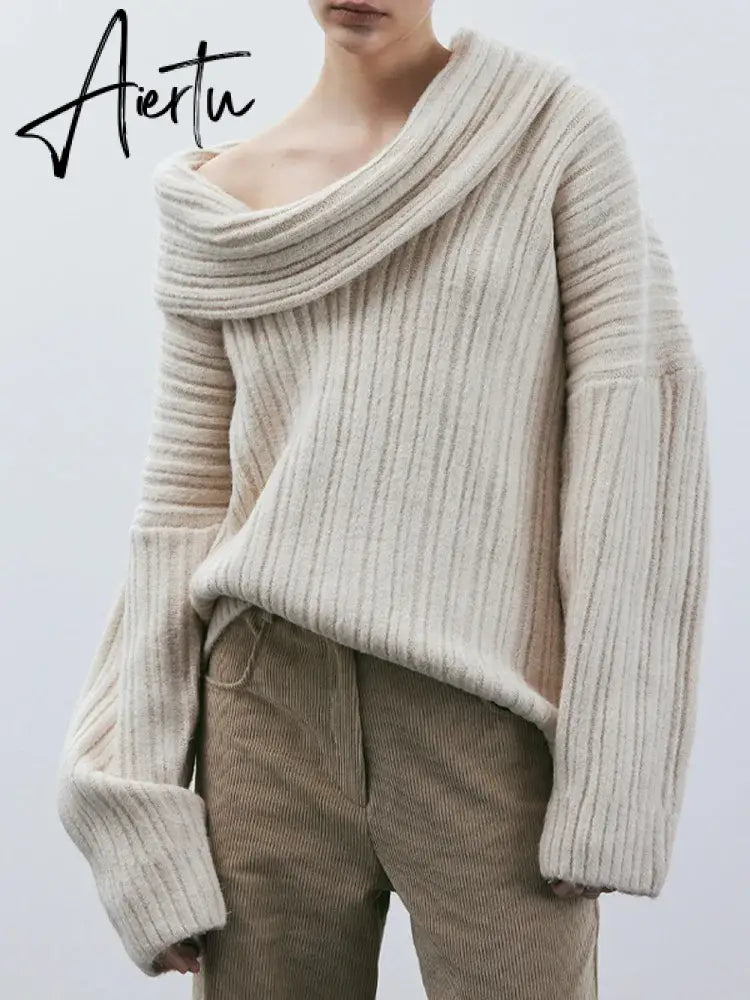 Fashion Chic Solid Slash Neck Sweater For Women Commuter Casual Loose Long Sleeve Jumpers Female High Street Knitwear Aiertu