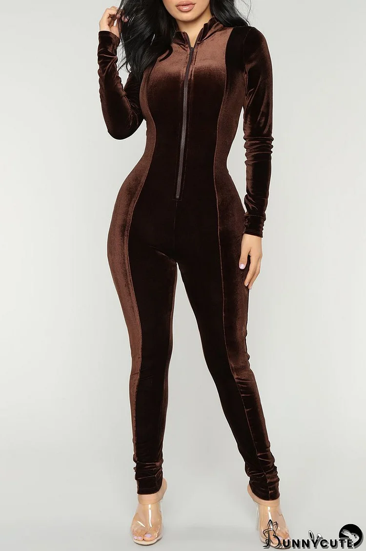 Brown Fashion Casual Solid Split Joint Zipper Collar Skinny Jumpsuits