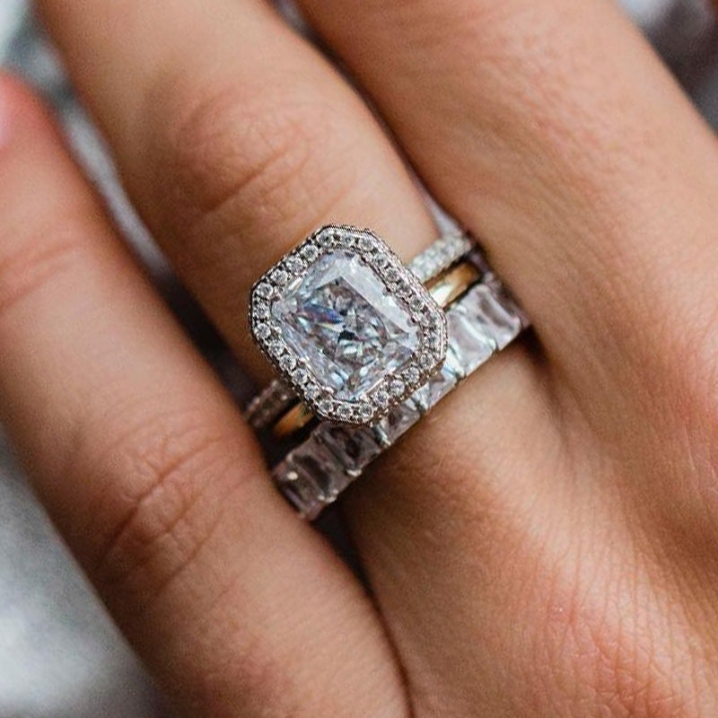Radiant Cut Halo 3PC Wedding Ring Set In Sterling Silver