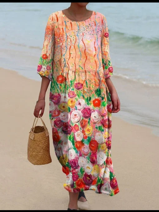 Women's 3/4 Sleeve Scoop Neck Graphic Printed Midi Dress