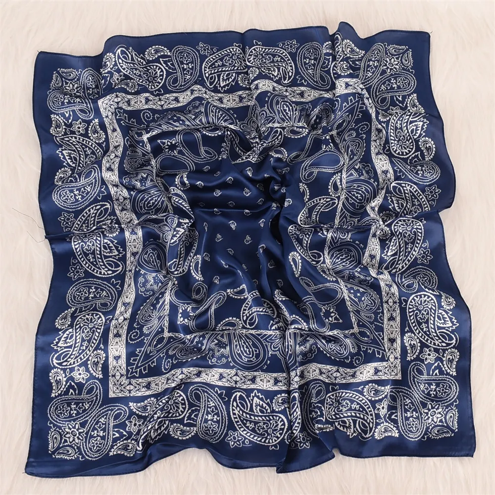 70cm*70cm Cashew Pattern Literary Satin Small Square Scarfs Navy-vocosishoes