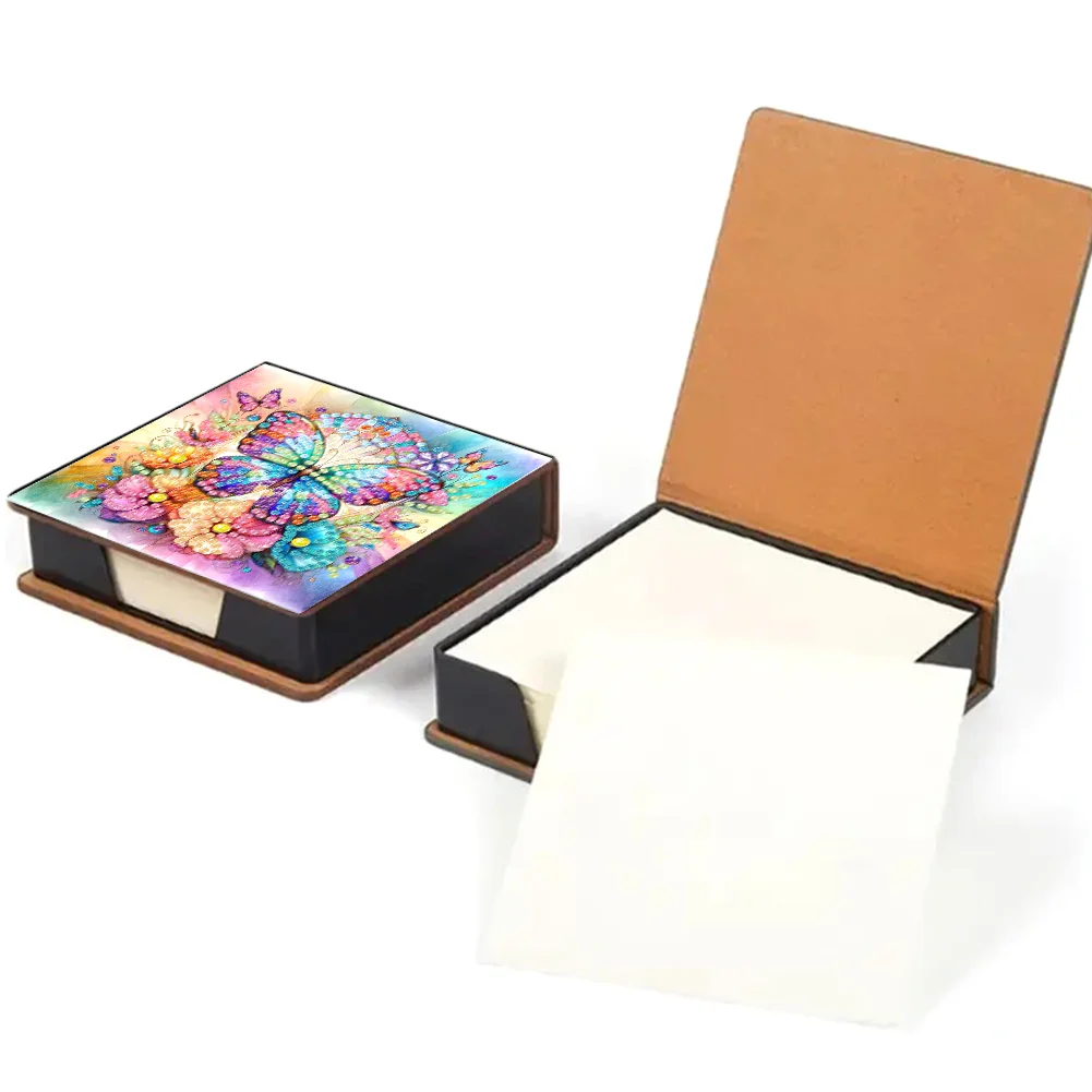 DIY Flower Butterfly Leather Diamond Art Note Box with 160 Sheets of Paper for Beginners