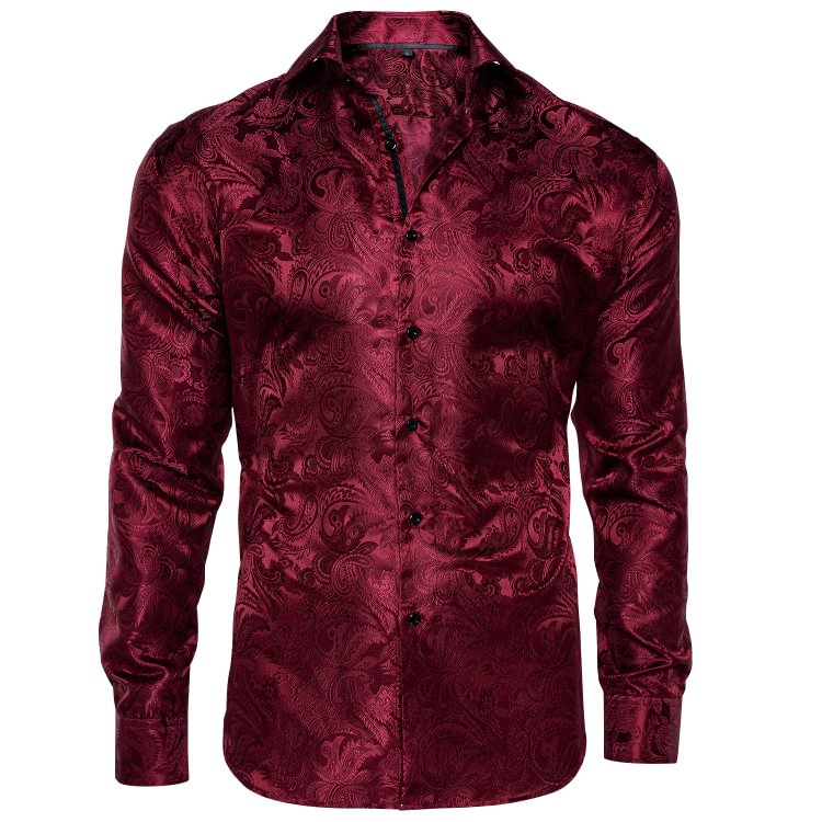 New Red Black Paisley Silk Men's Long Sleeve Shirt