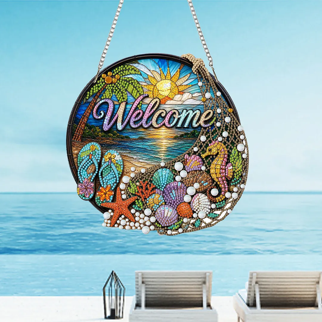 Beach Seahorse Welcome Sign 2D Flat DIY PET Diamond Painting Pendant Special Shape Hanging Gem Art Paintings Charm Single Side Drill for Adults Home Wall Window Decor