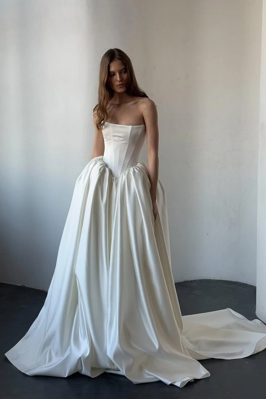 Miabel Exquiste Ivory Satin Strapless Sleeveless Long Prom Dress with Ruffles 