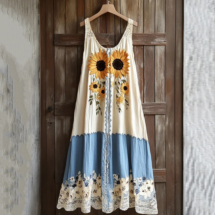 Utbros Women's Retro Sunflower Lace Embroidered Art Tank Dress